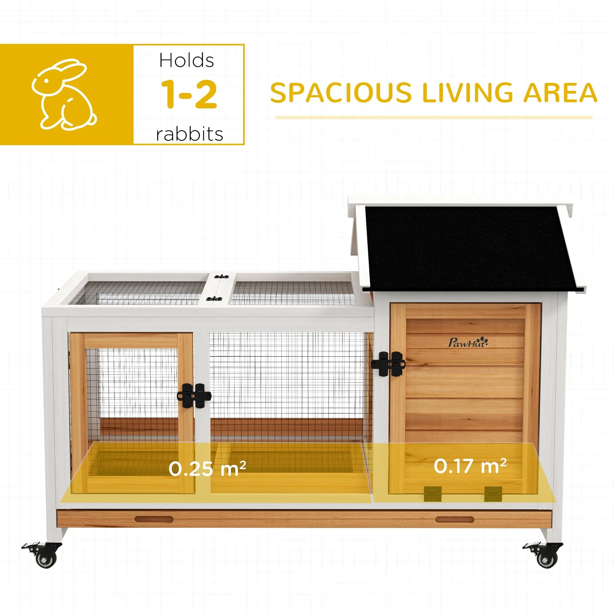 PawHut Wooden Rabbit Hutch, Small Animal House w/ Wheels, Removable Tray