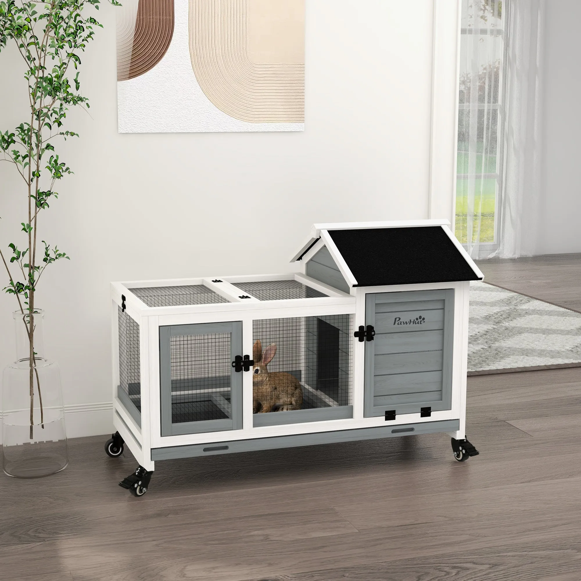 PawHut Wooden Rabbit Hutch, Small Animal House w/ Wheels, Removable Tray