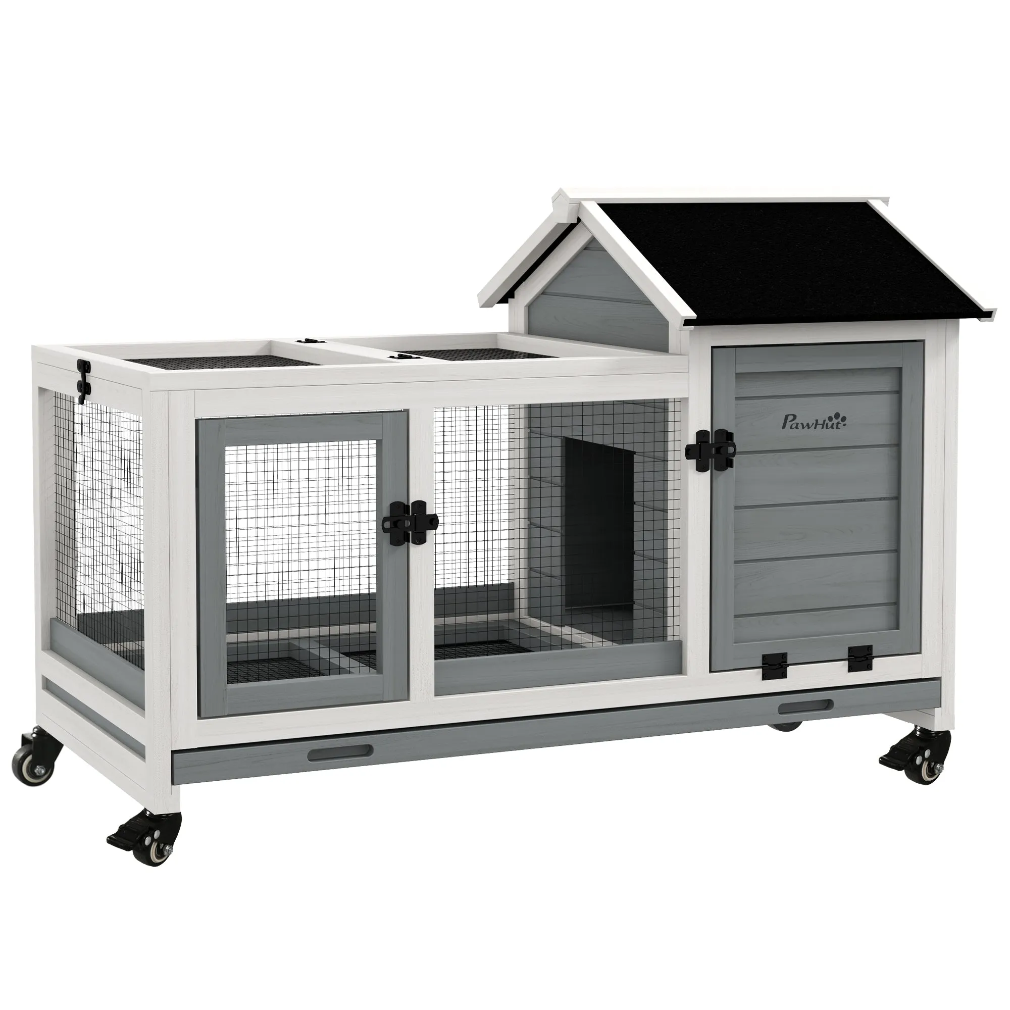 PawHut Wooden Rabbit Hutch, Small Animal House w/ Wheels, Removable Tray