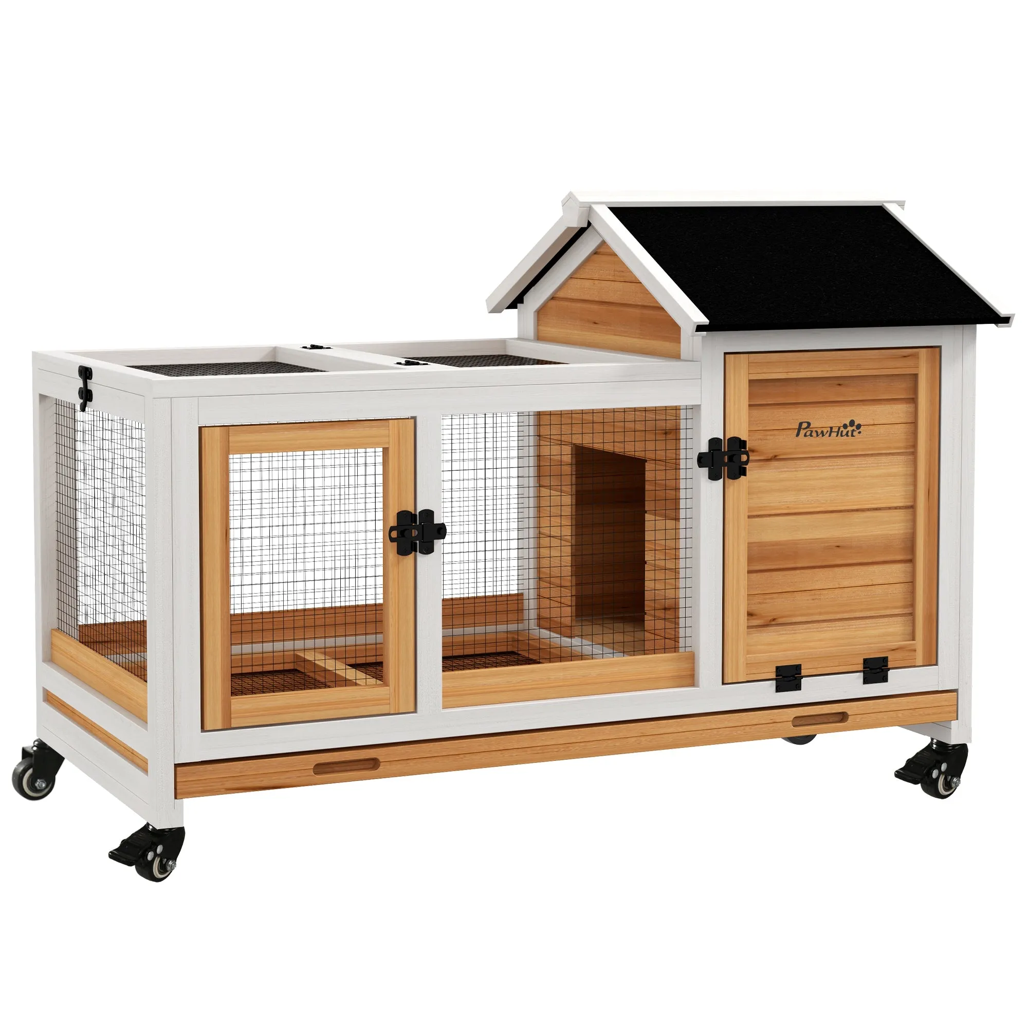 PawHut Wooden Rabbit Hutch, Small Animal House w/ Wheels, Removable Tray
