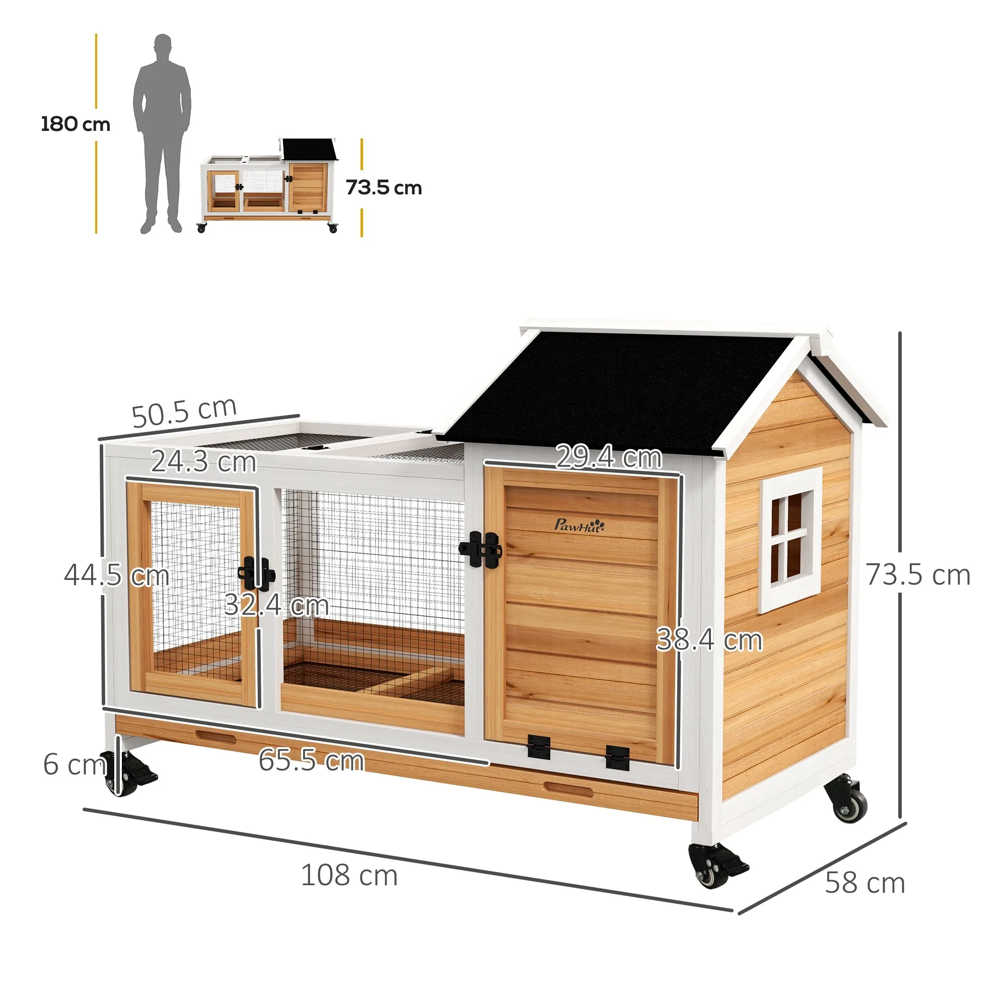 PawHut Wooden Rabbit Hutch, Small Animal House w/ Wheels, Removable Tray