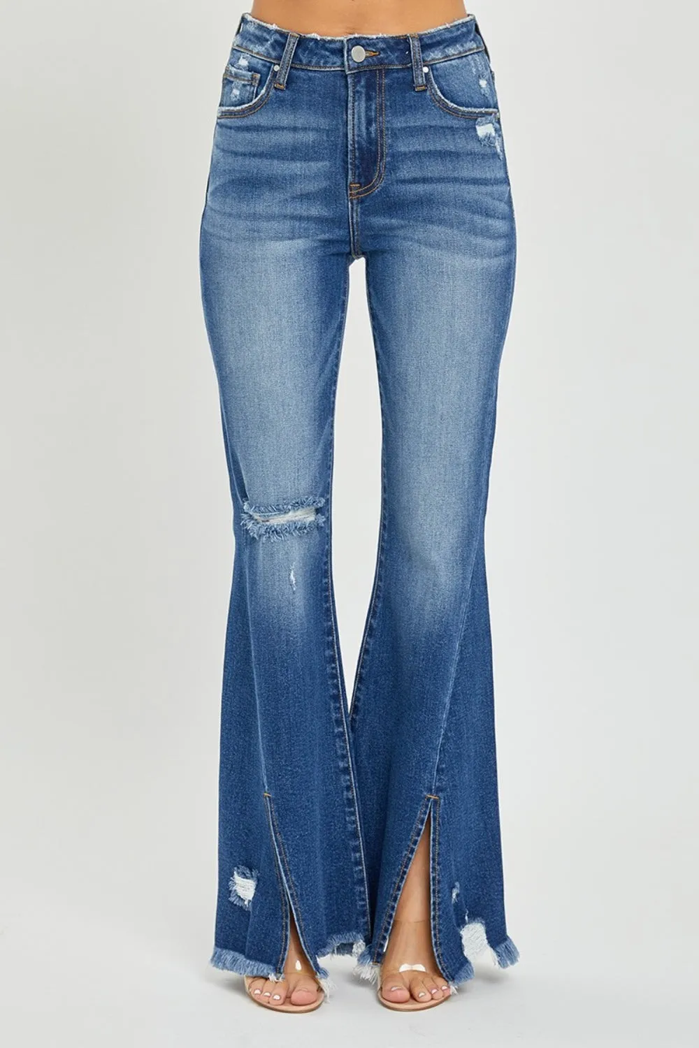 Risen High Rise Front Slit Frayed Hem Flare Jeans