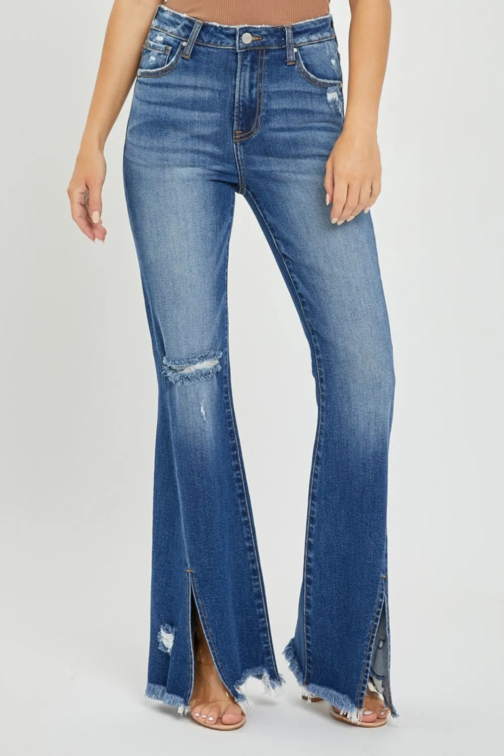 Risen High Rise Front Slit Frayed Hem Flare Jeans
