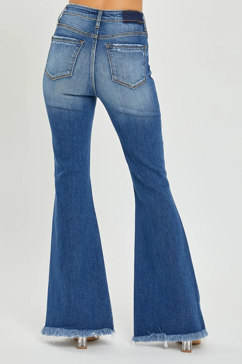 Risen High Rise Front Slit Frayed Hem Flare Jeans