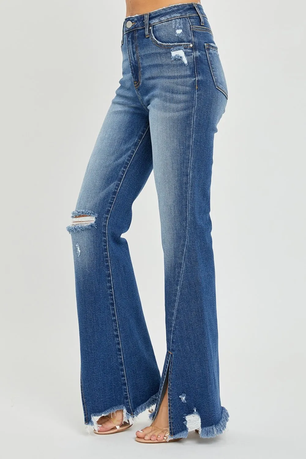 Risen High Rise Front Slit Frayed Hem Flare Jeans
