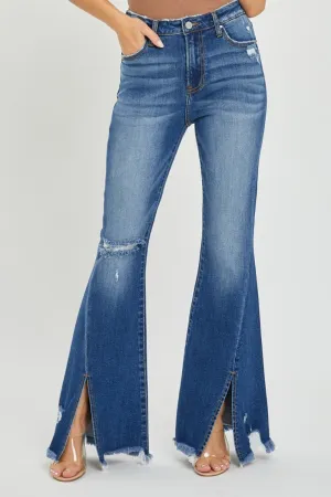 Risen High Rise Front Slit Frayed Hem Flare Jeans