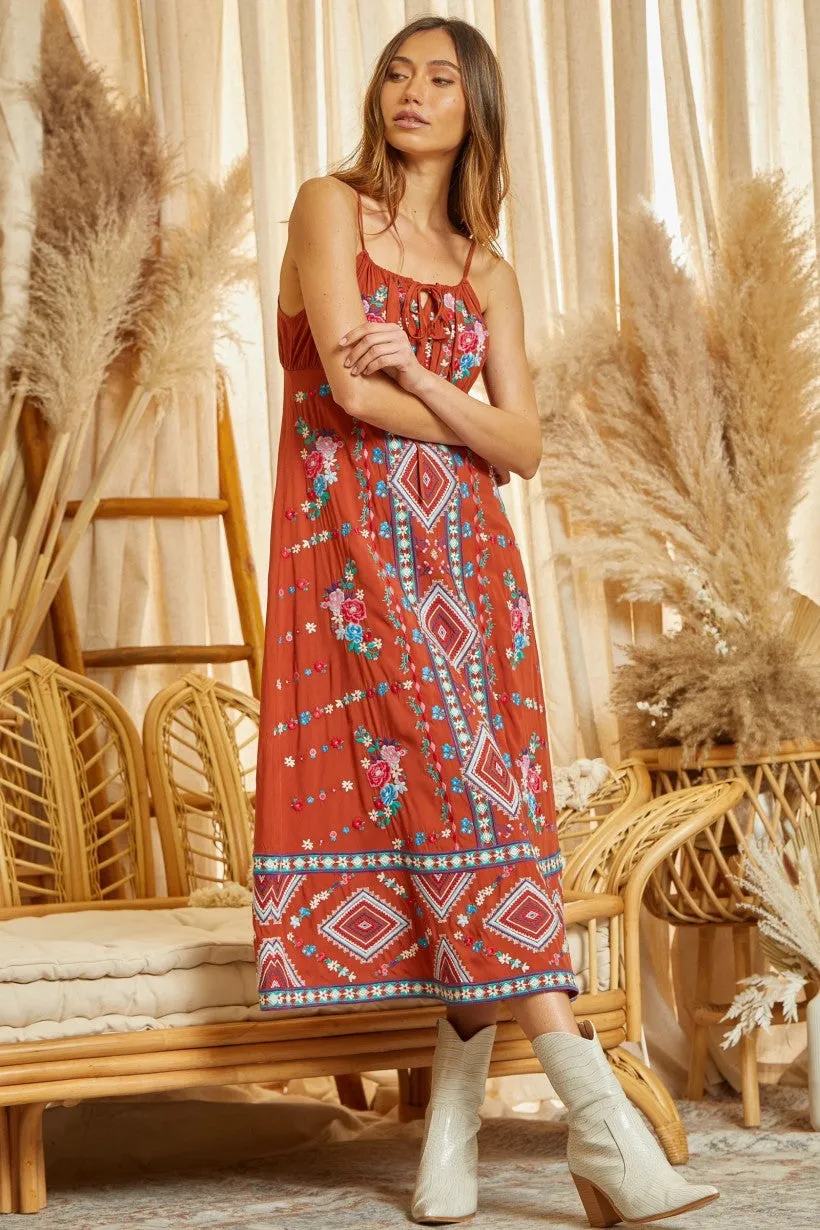 Savanna Jane Rust Embroidered Midi Dress With Tie Front Details