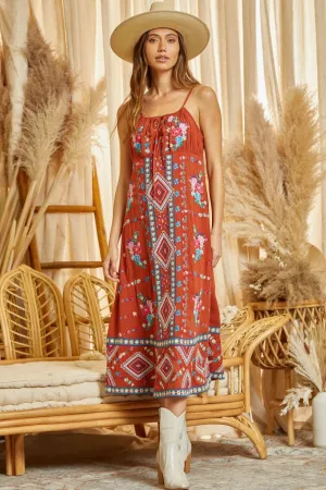 Savanna Jane Rust Embroidered Midi Dress With Tie Front Details