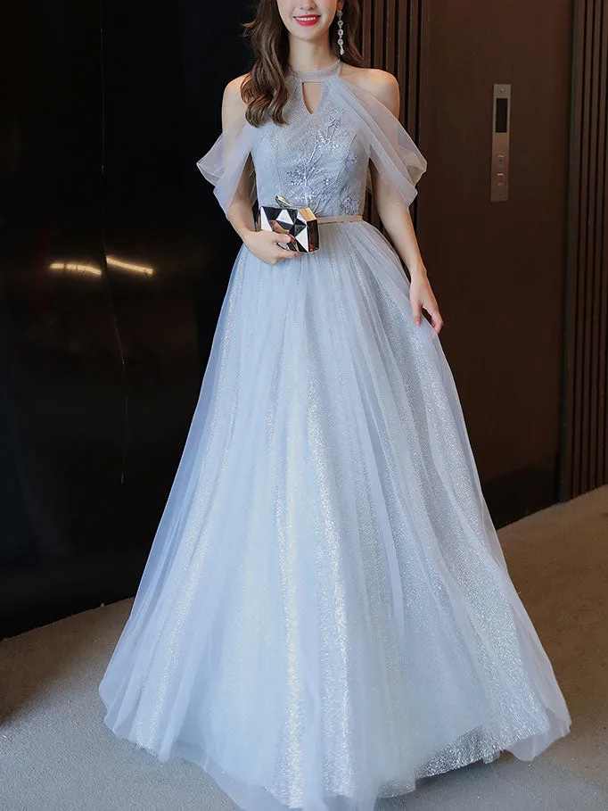 Simple Light Blue Tulle Lace Long Prom Dress, Lace Long Bridesmaid Dress