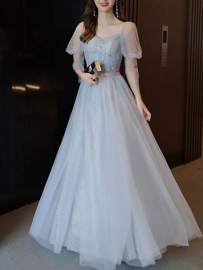 Simple Light Blue Tulle Lace Long Prom Dress, Lace Long Bridesmaid Dress