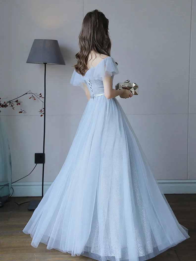 Simple Light Blue Tulle Lace Long Prom Dress, Lace Long Bridesmaid Dress