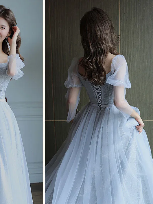 Simple Light Blue Tulle Lace Long Prom Dress, Lace Long Bridesmaid Dress