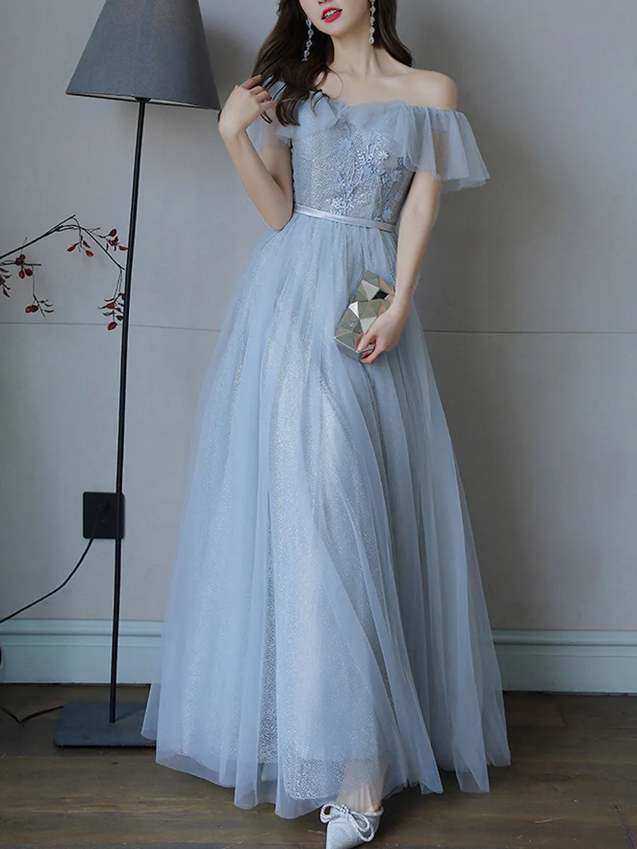 Simple Light Blue Tulle Lace Long Prom Dress, Lace Long Bridesmaid Dress