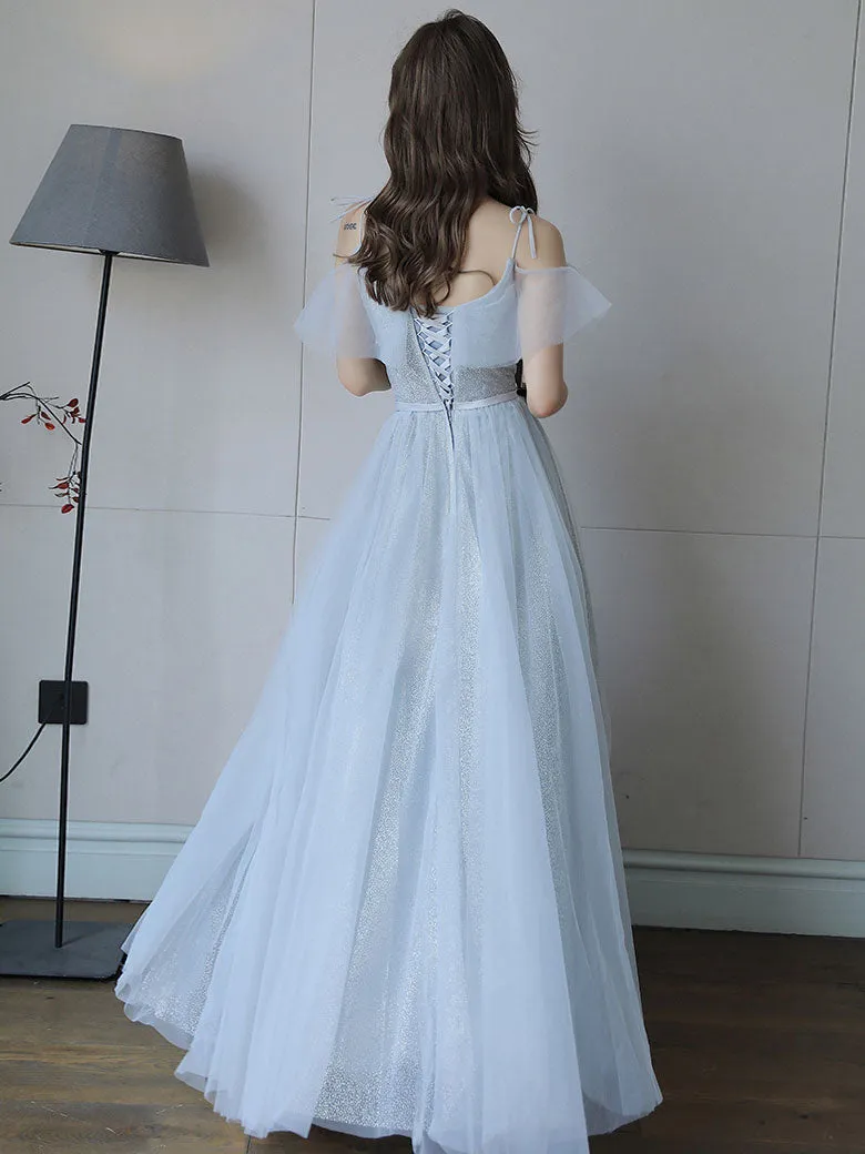 Simple Light Blue Tulle Lace Long Prom Dress, Lace Long Bridesmaid Dress