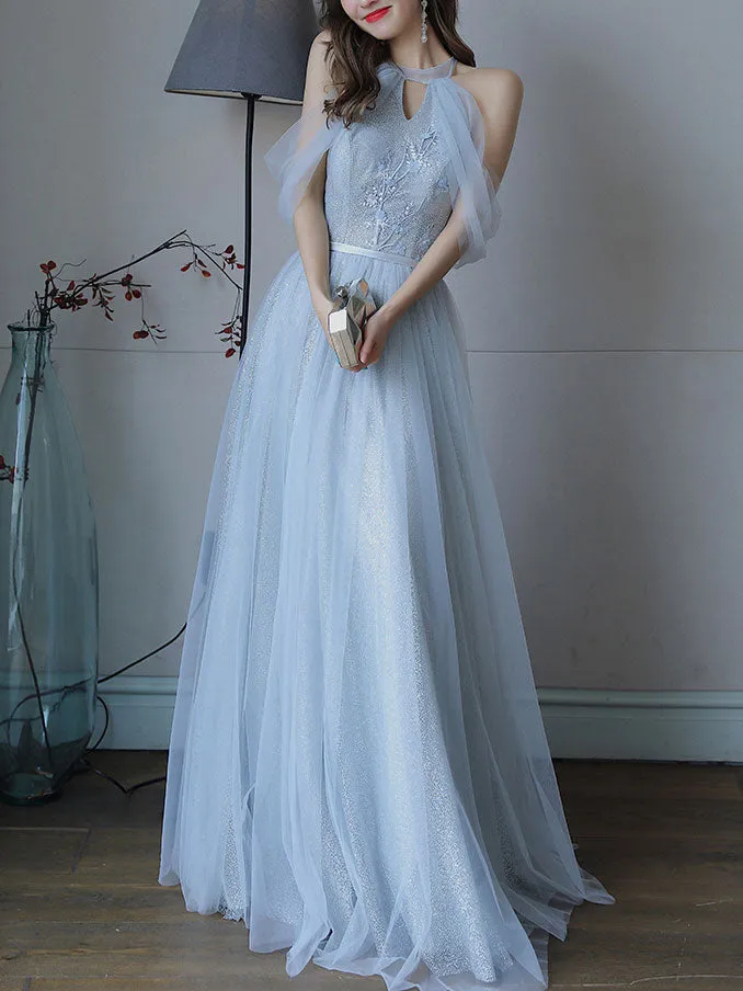 Simple Light Blue Tulle Lace Long Prom Dress, Lace Long Bridesmaid Dress