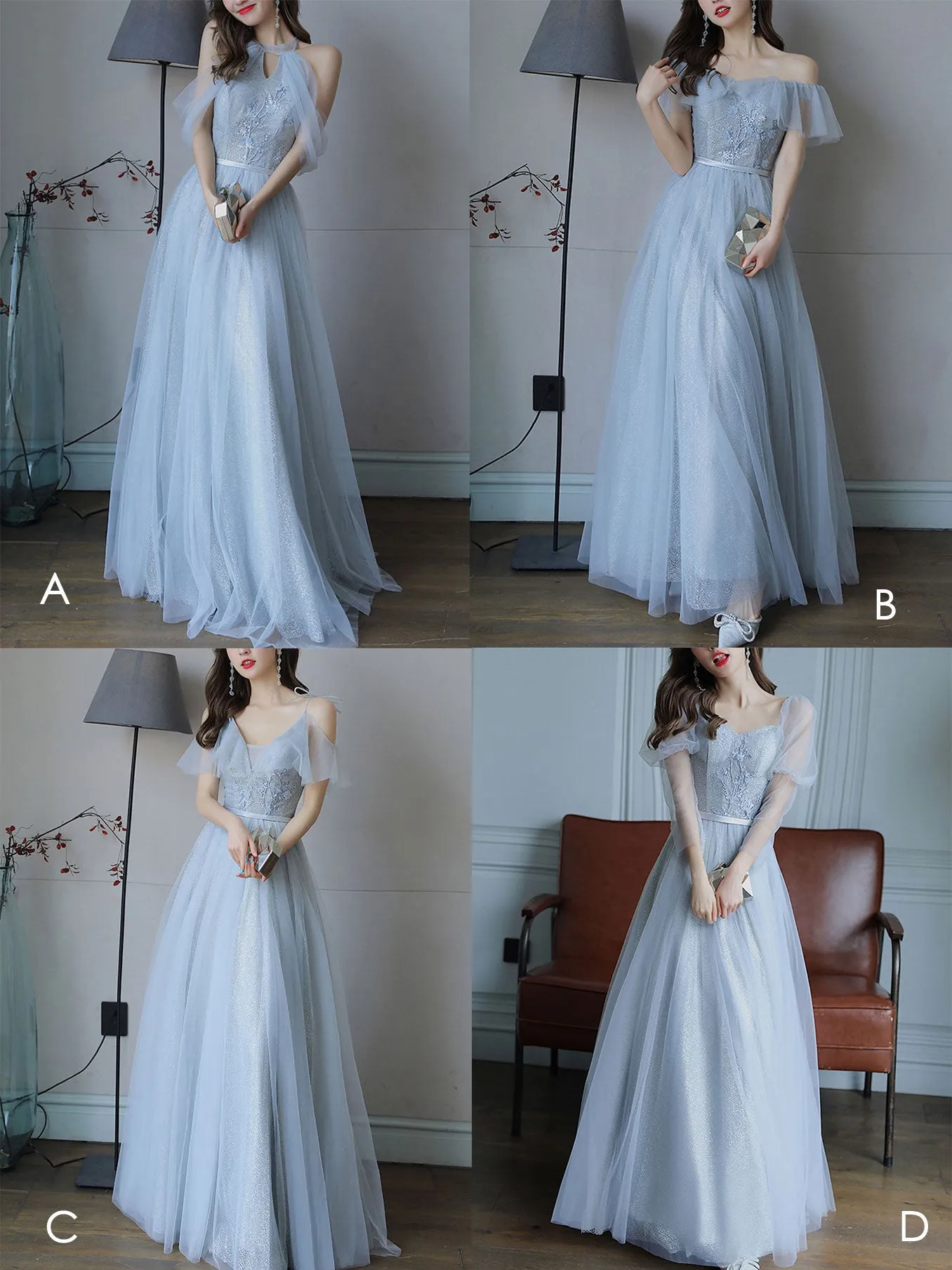 Simple Light Blue Tulle Lace Long Prom Dress, Lace Long Bridesmaid Dress