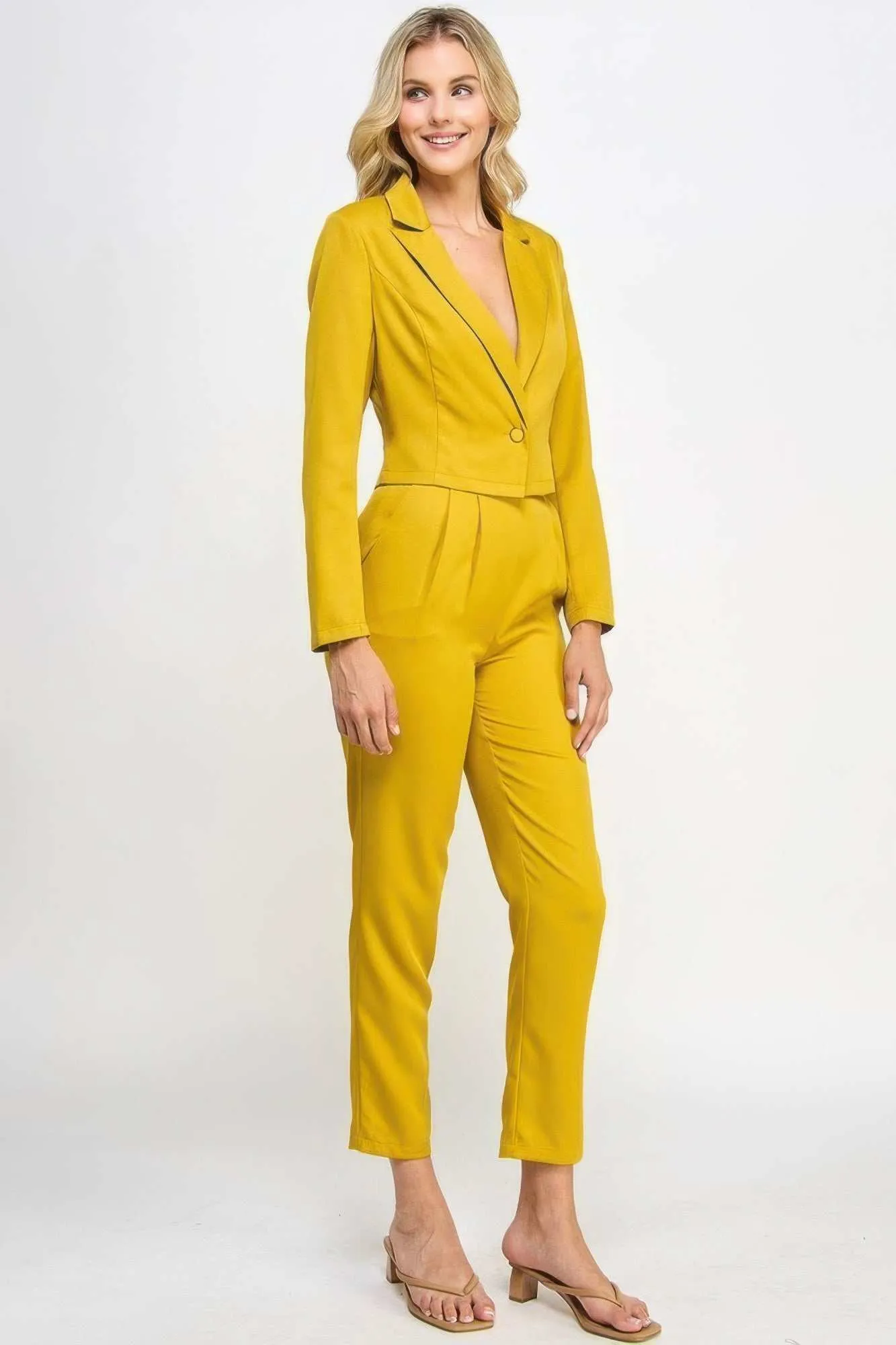 Single Button Crop Blazer with Tailored Pants Set for Women - Elegant and Versatile - Fit, Formal