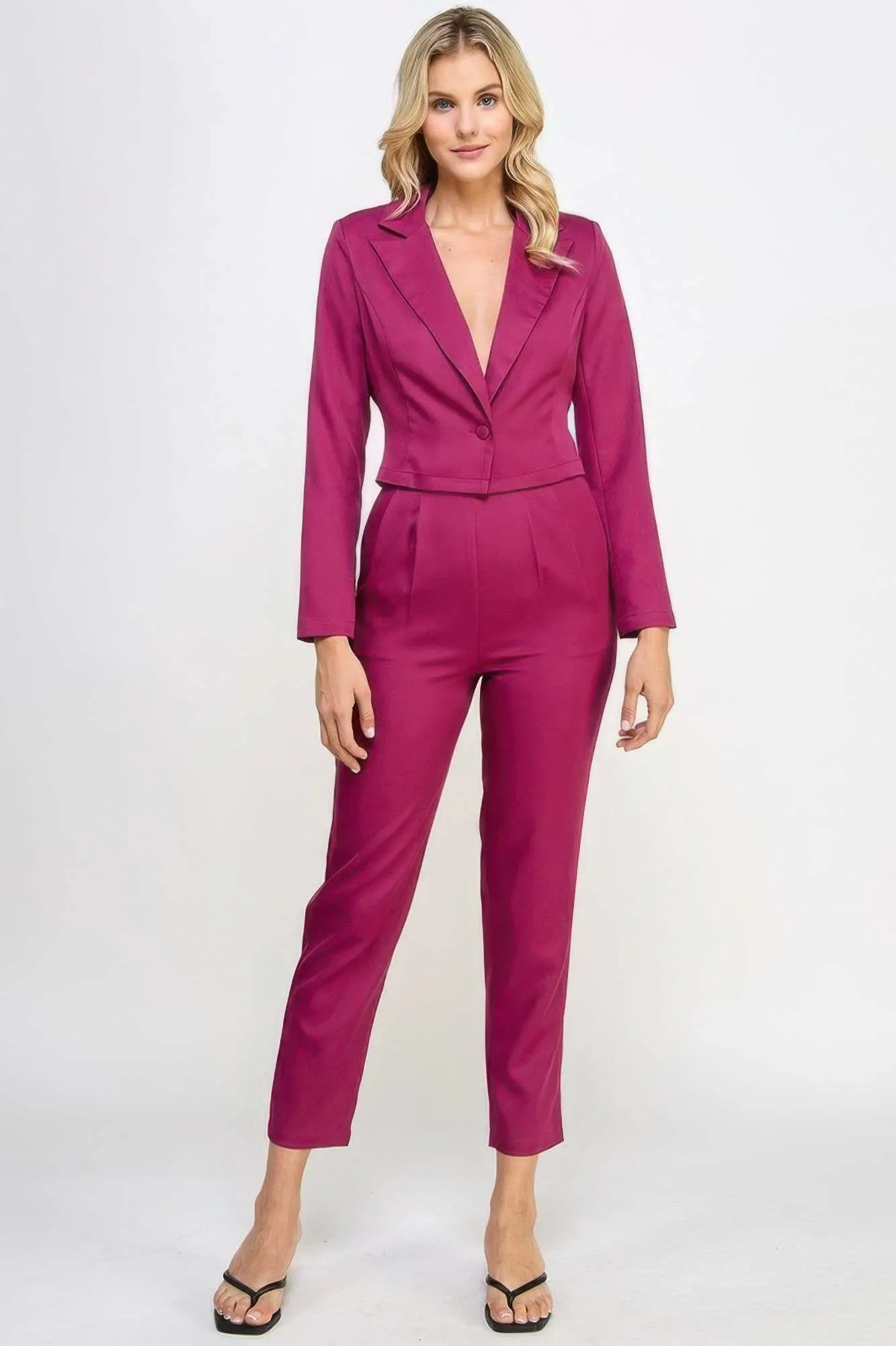 Single Button Crop Blazer with Tailored Pants Set for Women - Elegant and Versatile - Fit, Formal