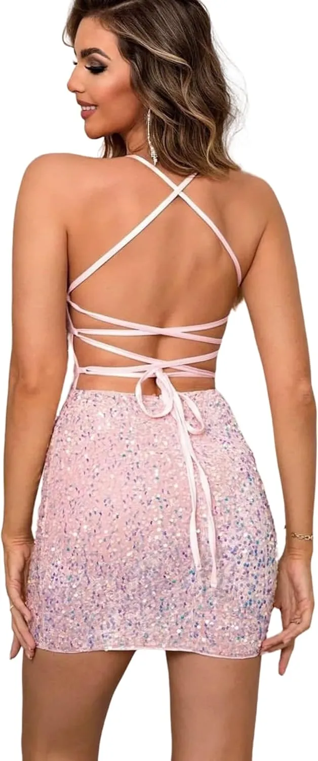 Suillty Women's Sparkly Sequin Backless Lace Up Mini Dress Shiny Spaghetti Straps Halter Bodycon Party Club Evening Dresses