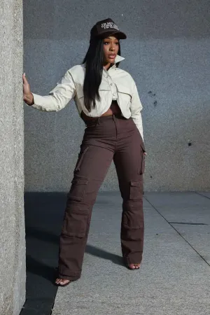 Take A Break High Rise Cargo Jeans - Dark Brown