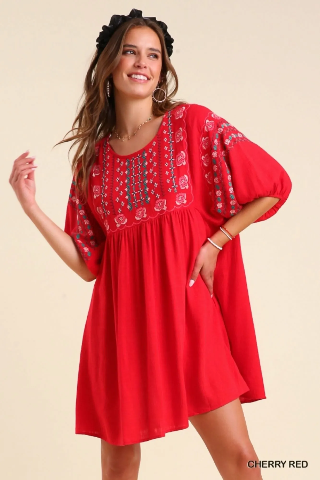 Umgee Cherry Red Floral Embroidered Dress With Pockets