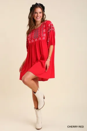 Umgee Cherry Red Floral Embroidered Dress With Pockets