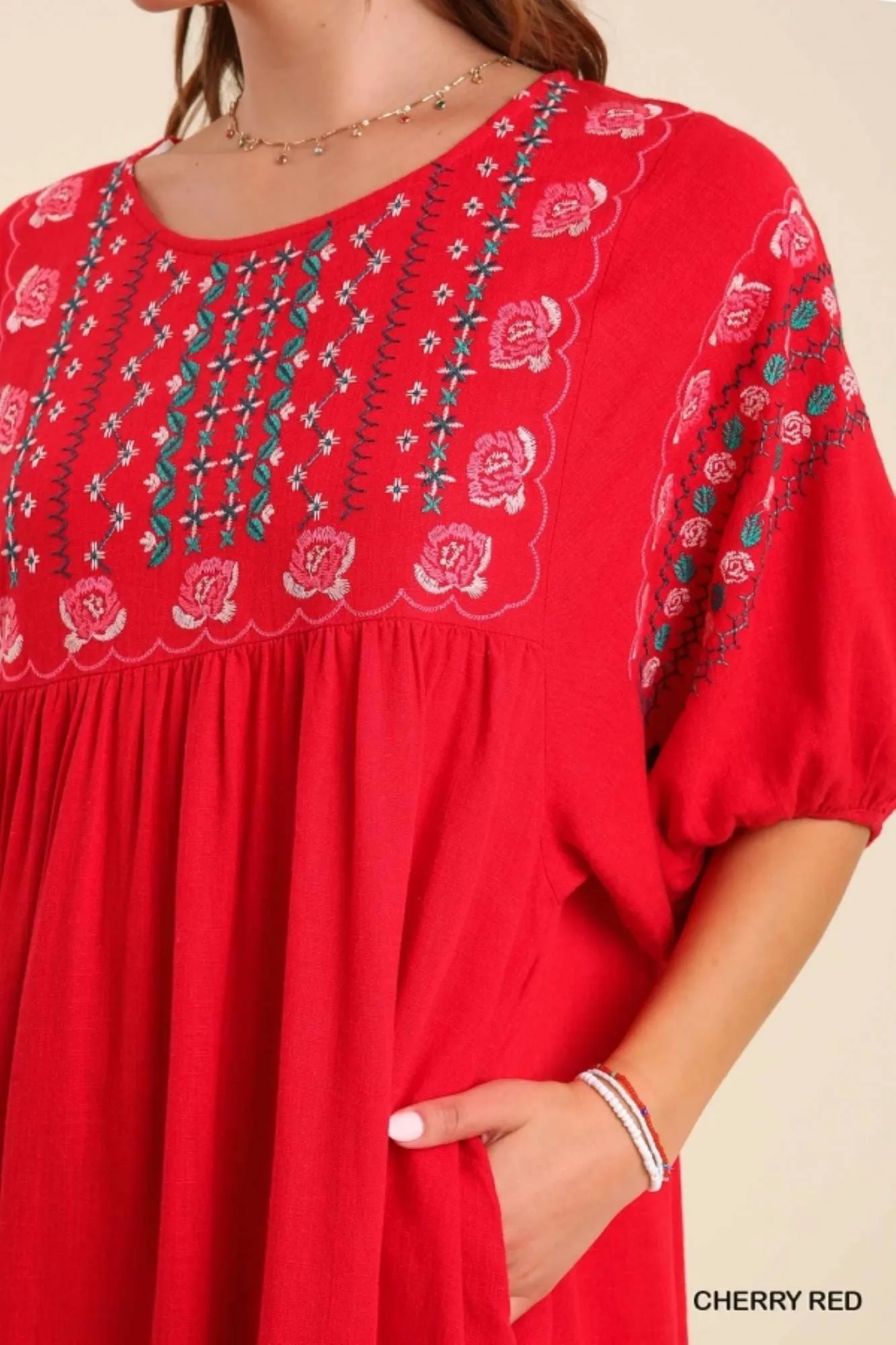 Umgee Cherry Red Floral Embroidered Dress With Pockets