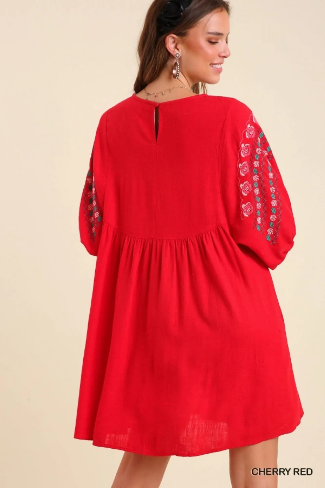 Umgee Cherry Red Floral Embroidered Dress With Pockets
