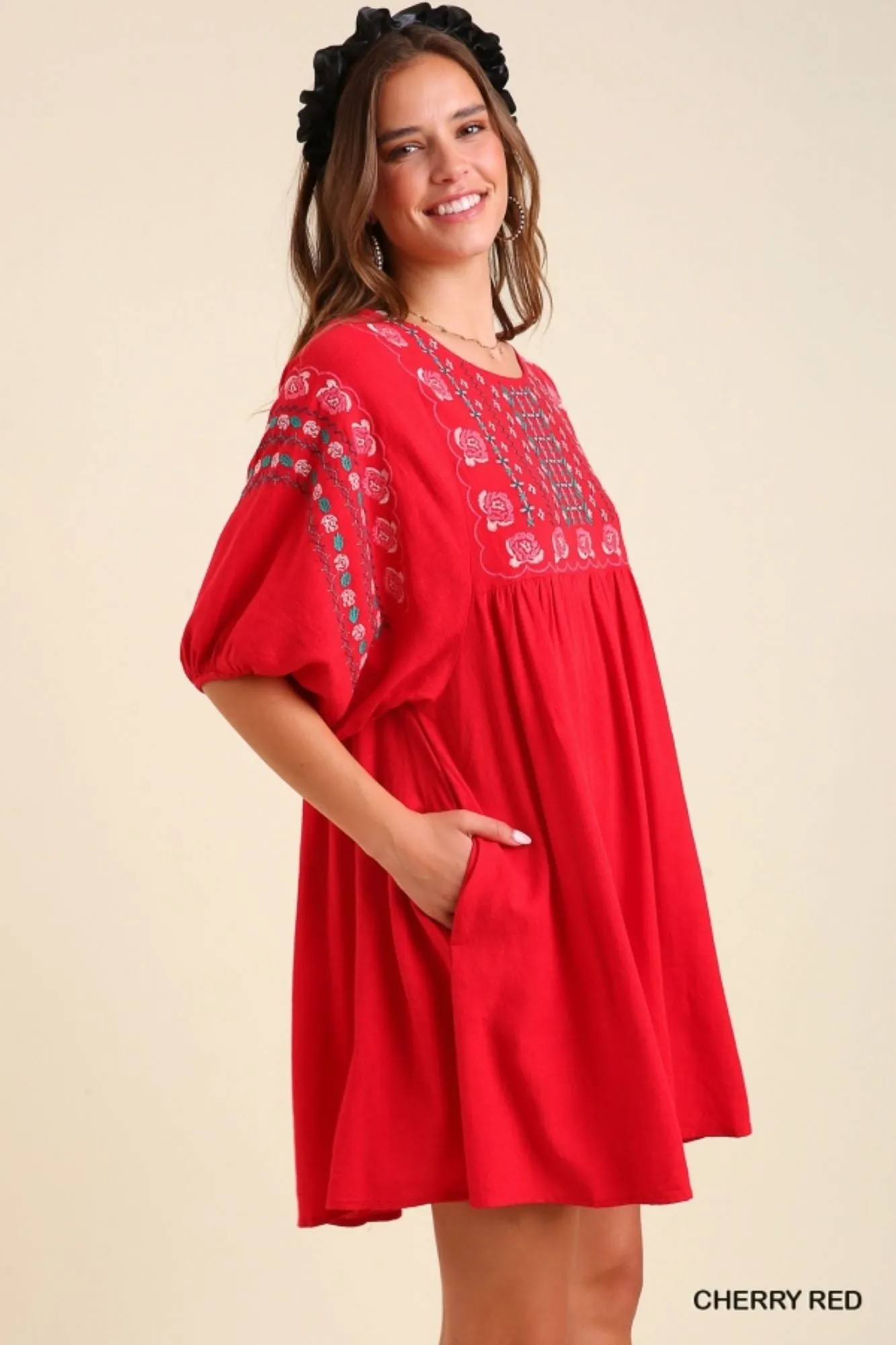 Umgee Cherry Red Floral Embroidered Dress With Pockets