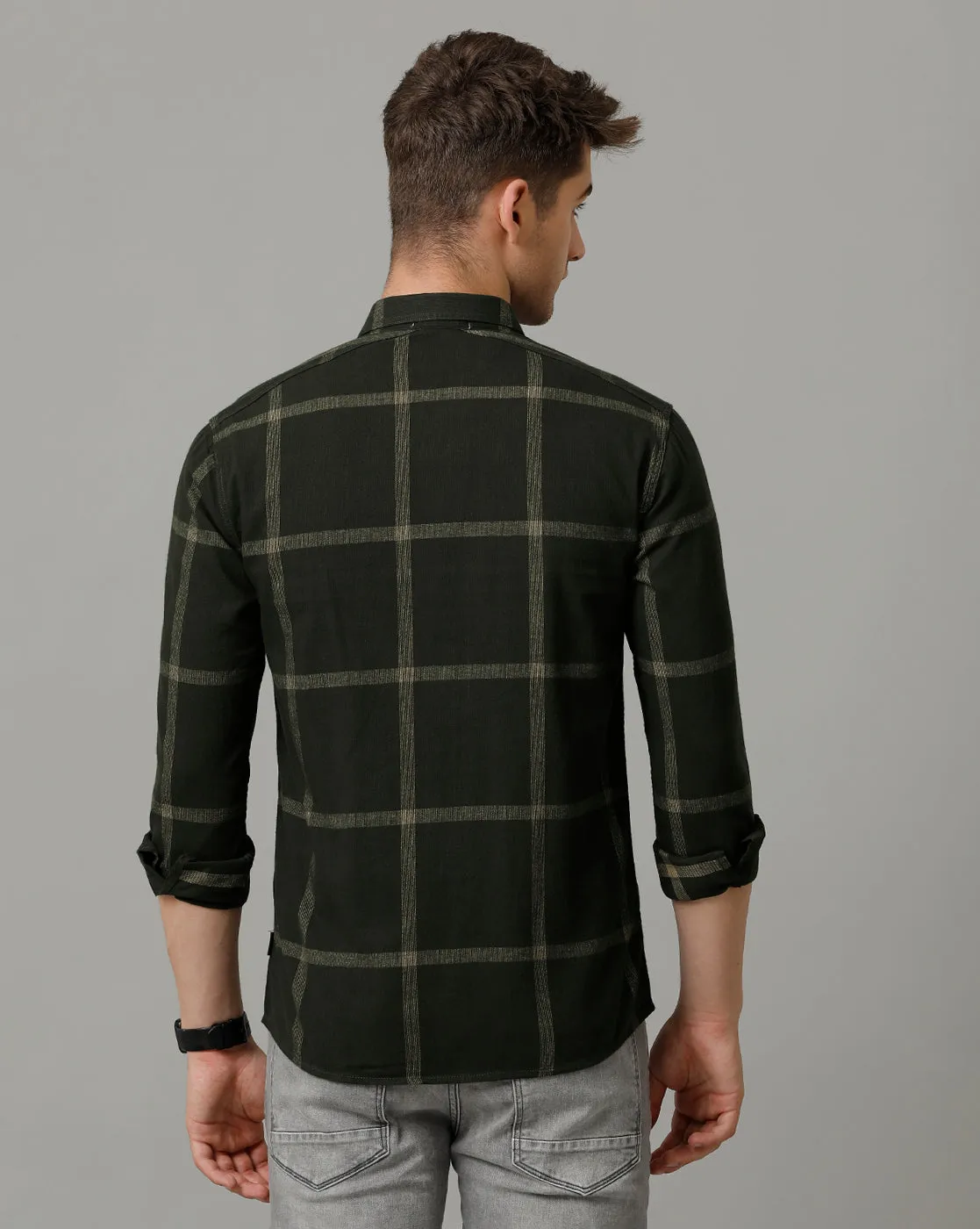 Voi Jeans Mens Green Checks Slim Fit Full Sleeve Shirt