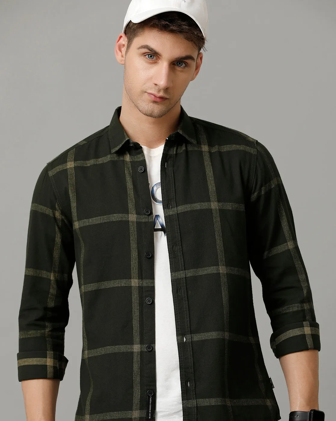 Voi Jeans Mens Green Checks Slim Fit Full Sleeve Shirt