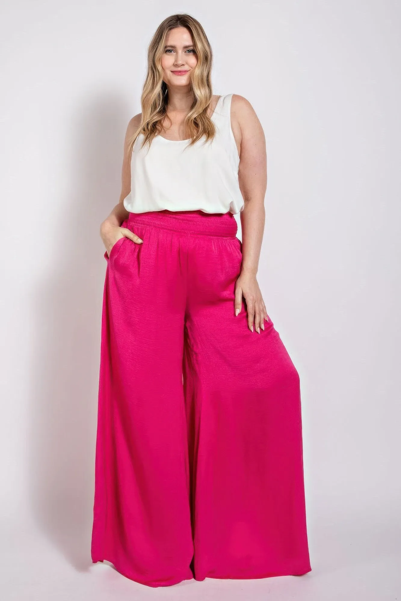 Washed Satin Wide Pants With Waist Smocked (Plus Size)
