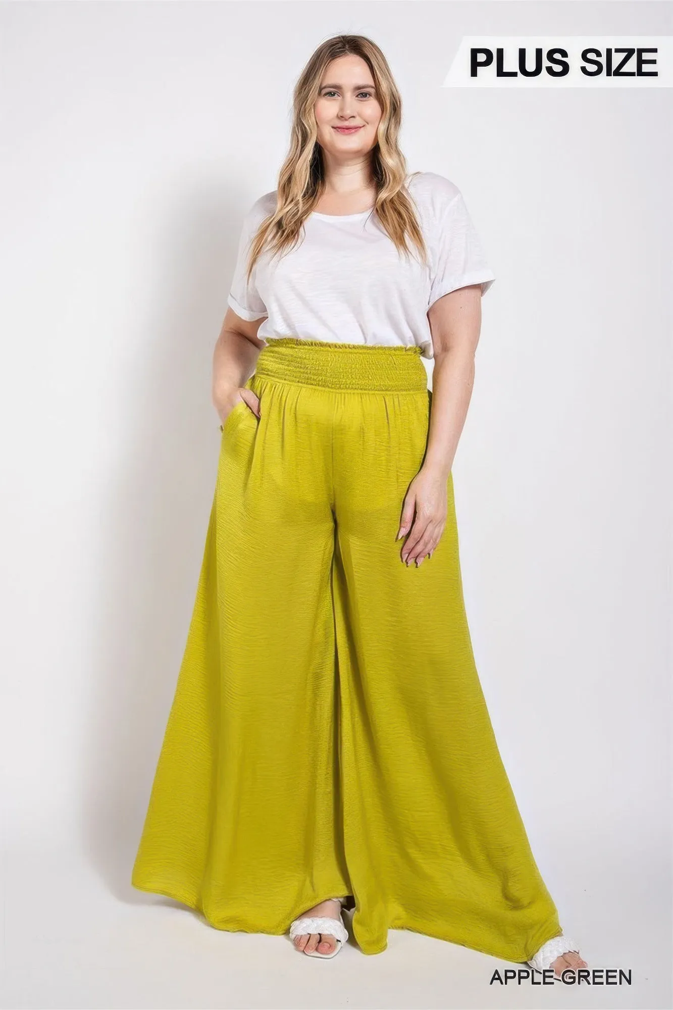 Washed Satin Wide Pants With Waist Smocked (Plus Size)