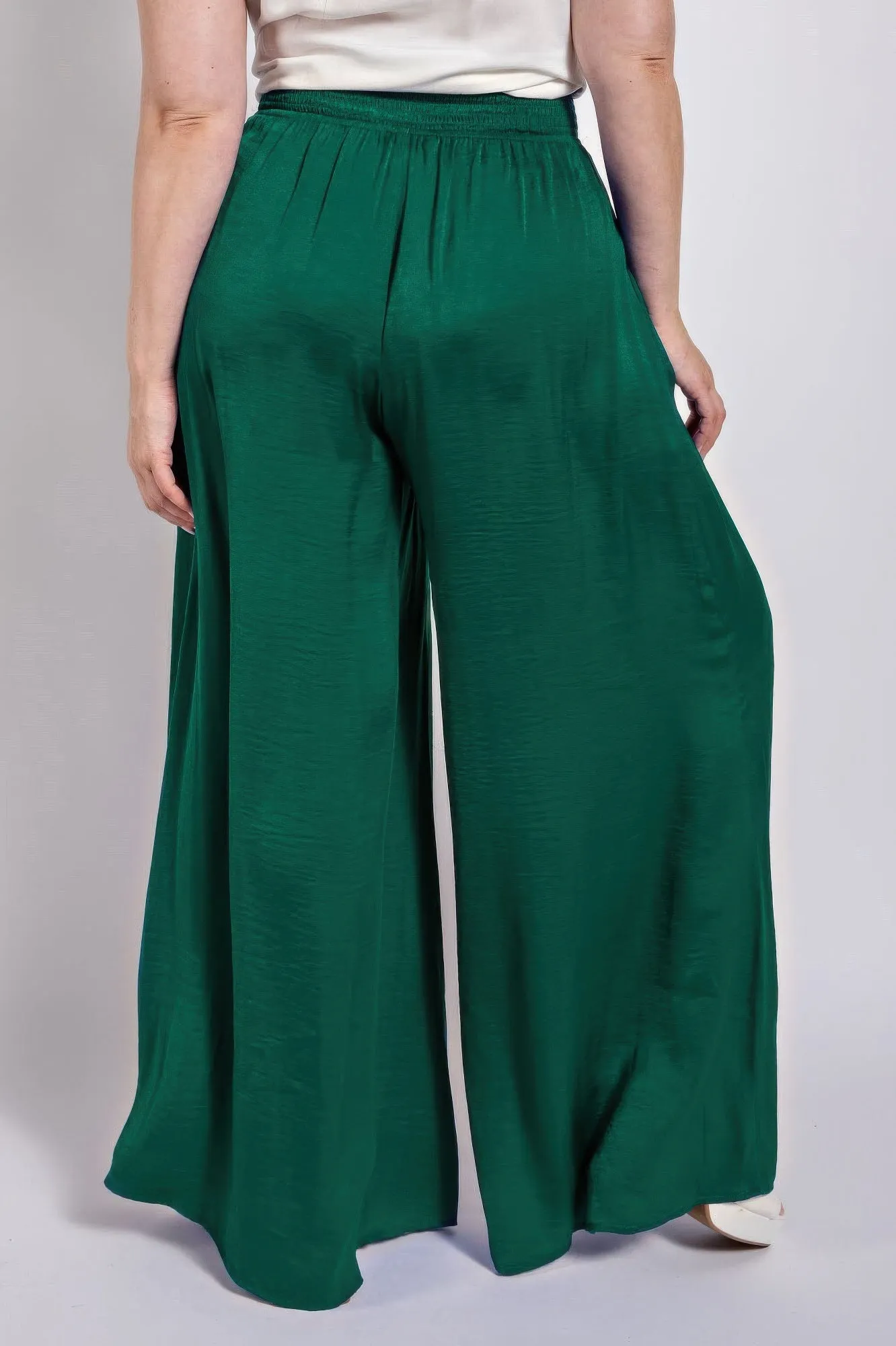 Washed Satin Wide Pants With Waist Smocked (Plus Size)