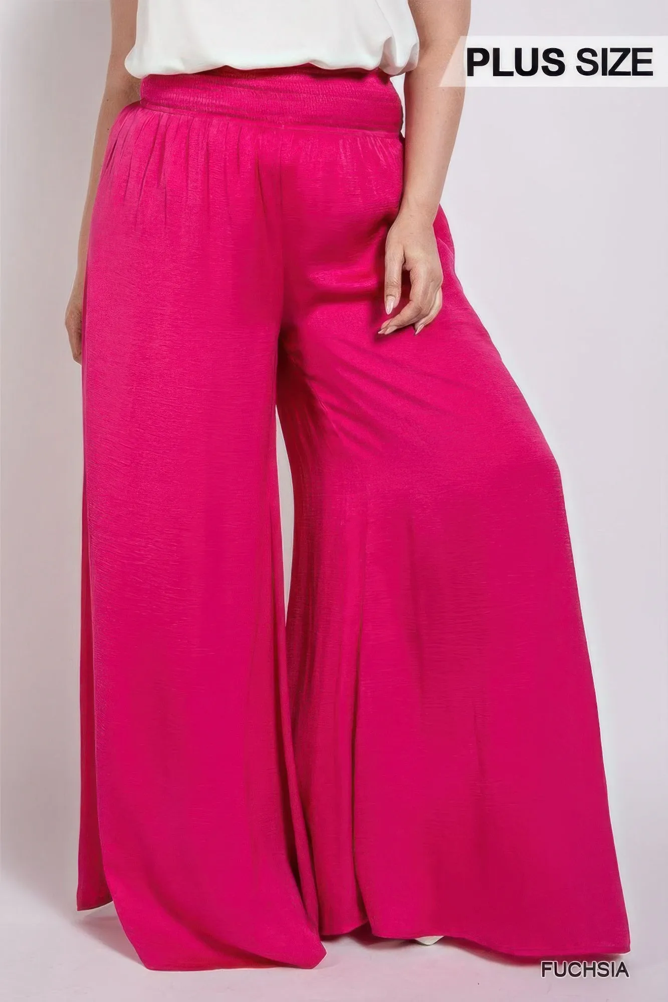 Washed Satin Wide Pants With Waist Smocked (Plus Size)