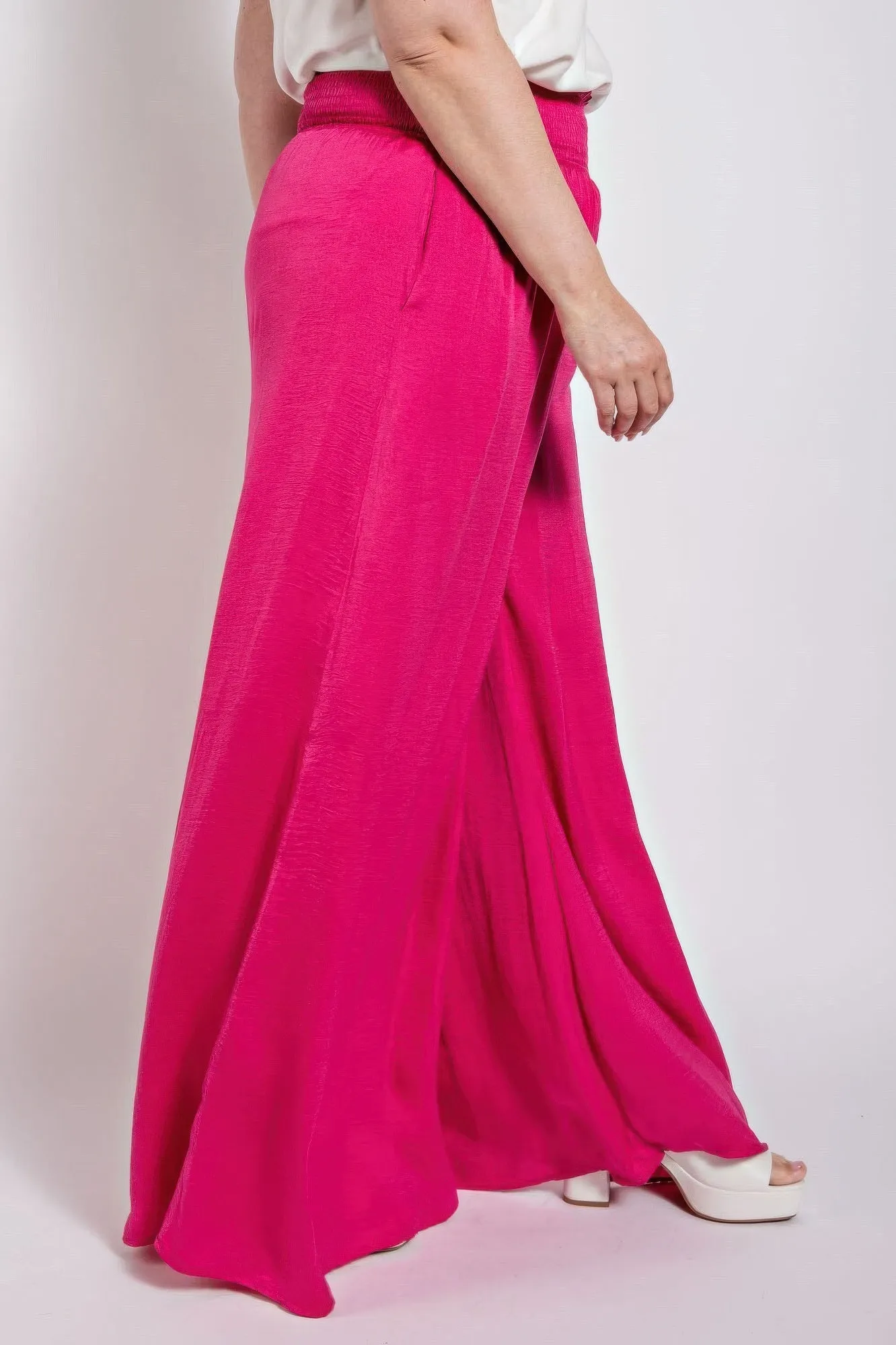 Washed Satin Wide Pants With Waist Smocked (Plus Size)