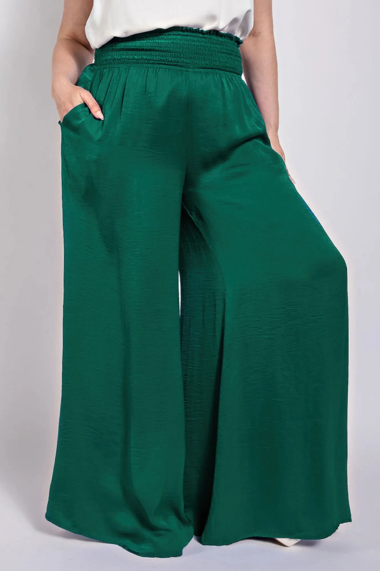 Washed Satin Wide Pants With Waist Smocked (Plus Size)