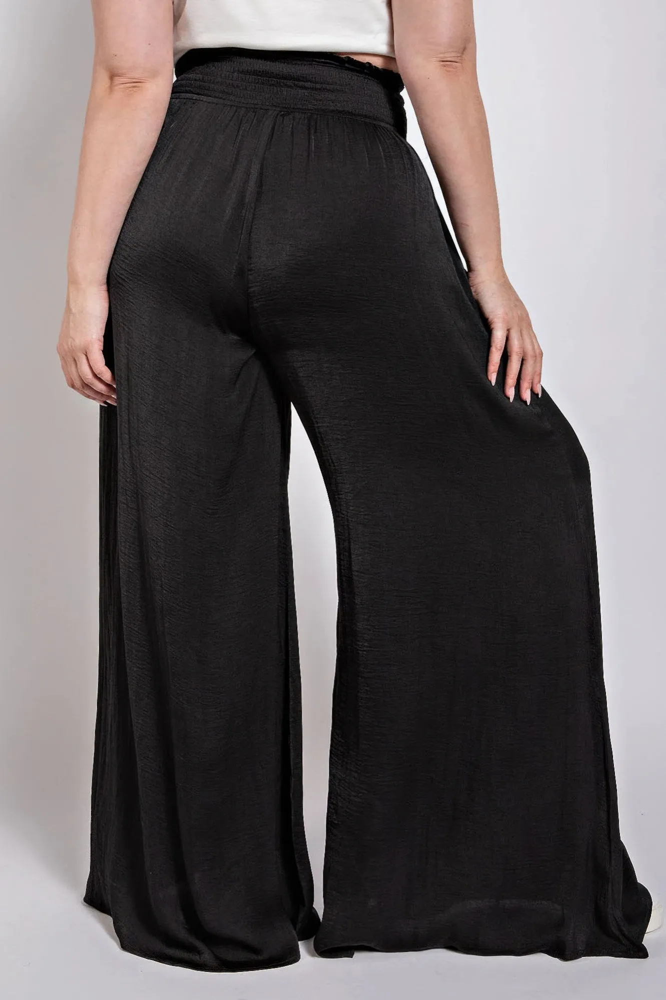 Washed Satin Wide Pants With Waist Smocked (Plus Size)