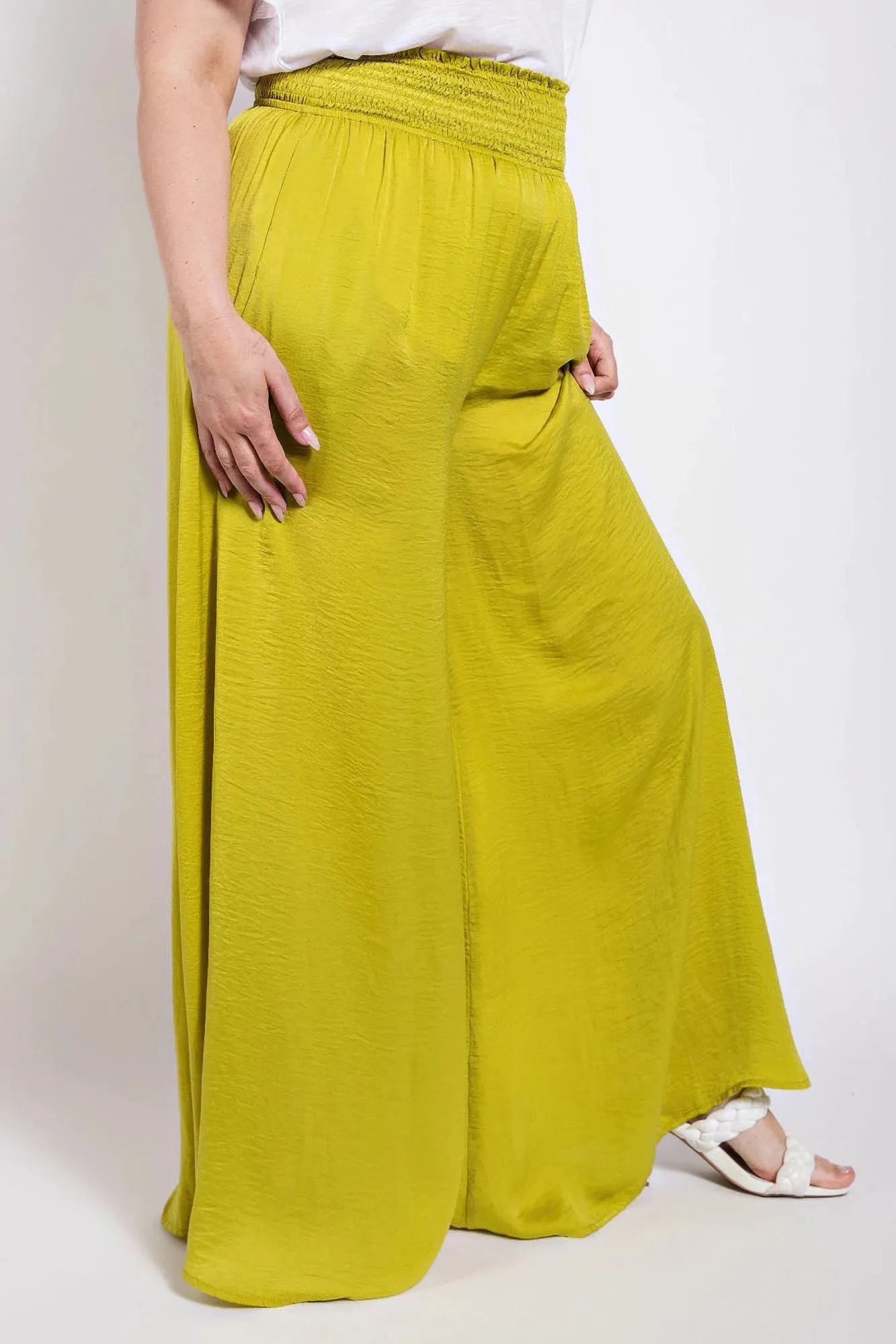 Washed Satin Wide Pants With Waist Smocked (Plus Size)