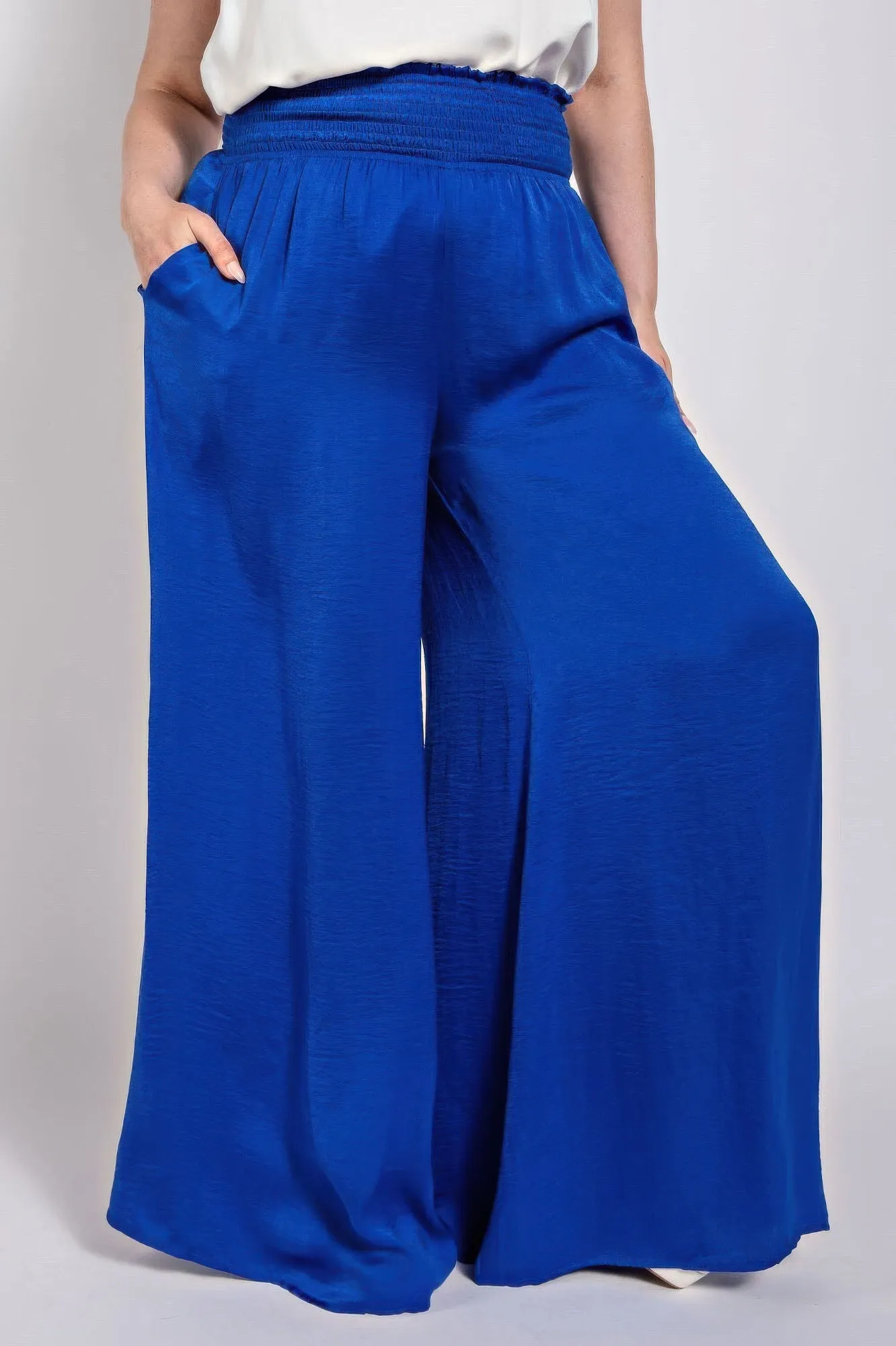 Washed Satin Wide Pants With Waist Smocked (Plus Size)