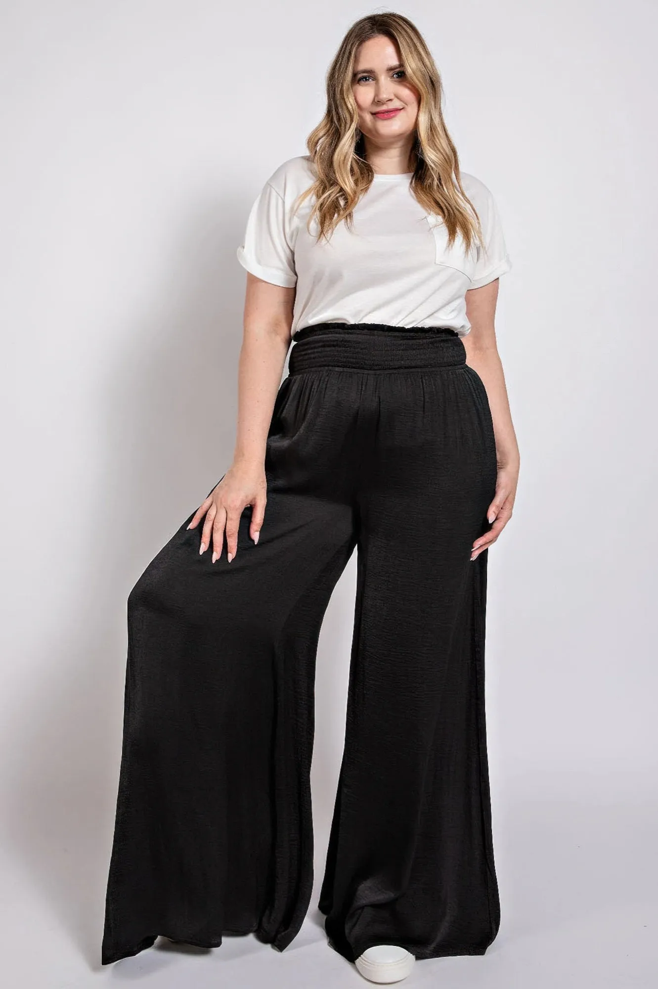 Washed Satin Wide Pants With Waist Smocked (Plus Size)
