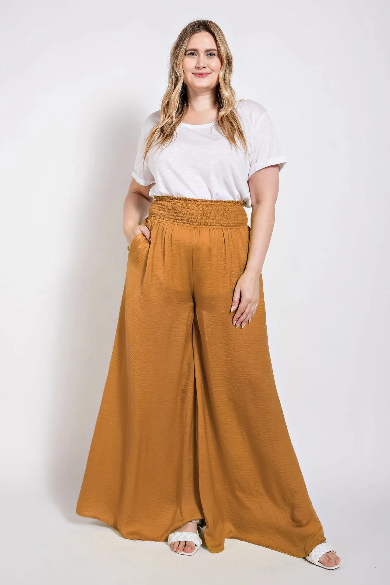 Washed Satin Wide Pants With Waist Smocked (Plus Size)