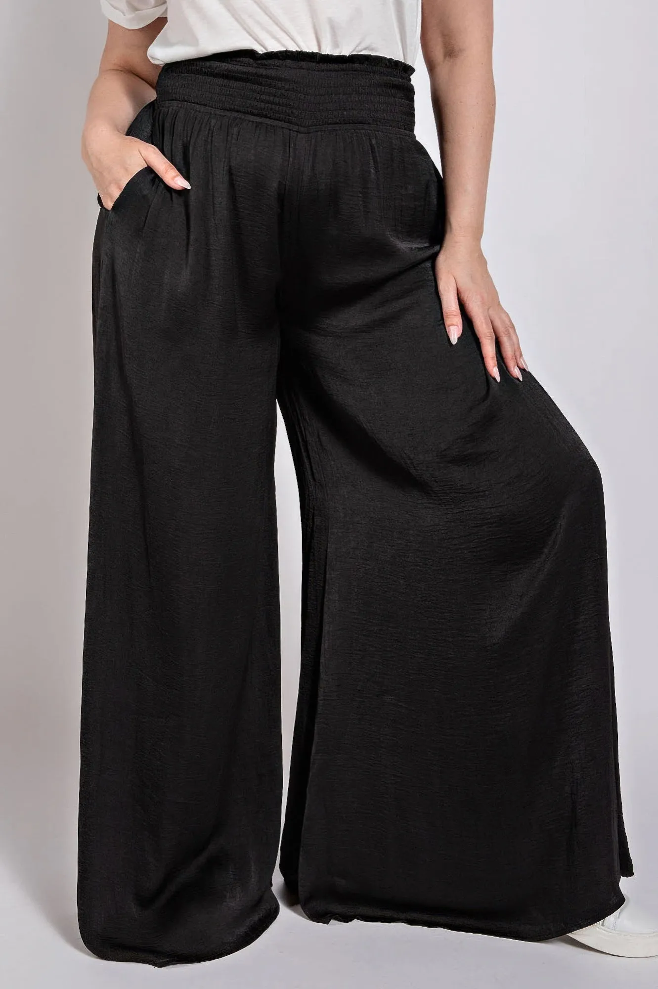 Washed Satin Wide Pants With Waist Smocked (Plus Size)