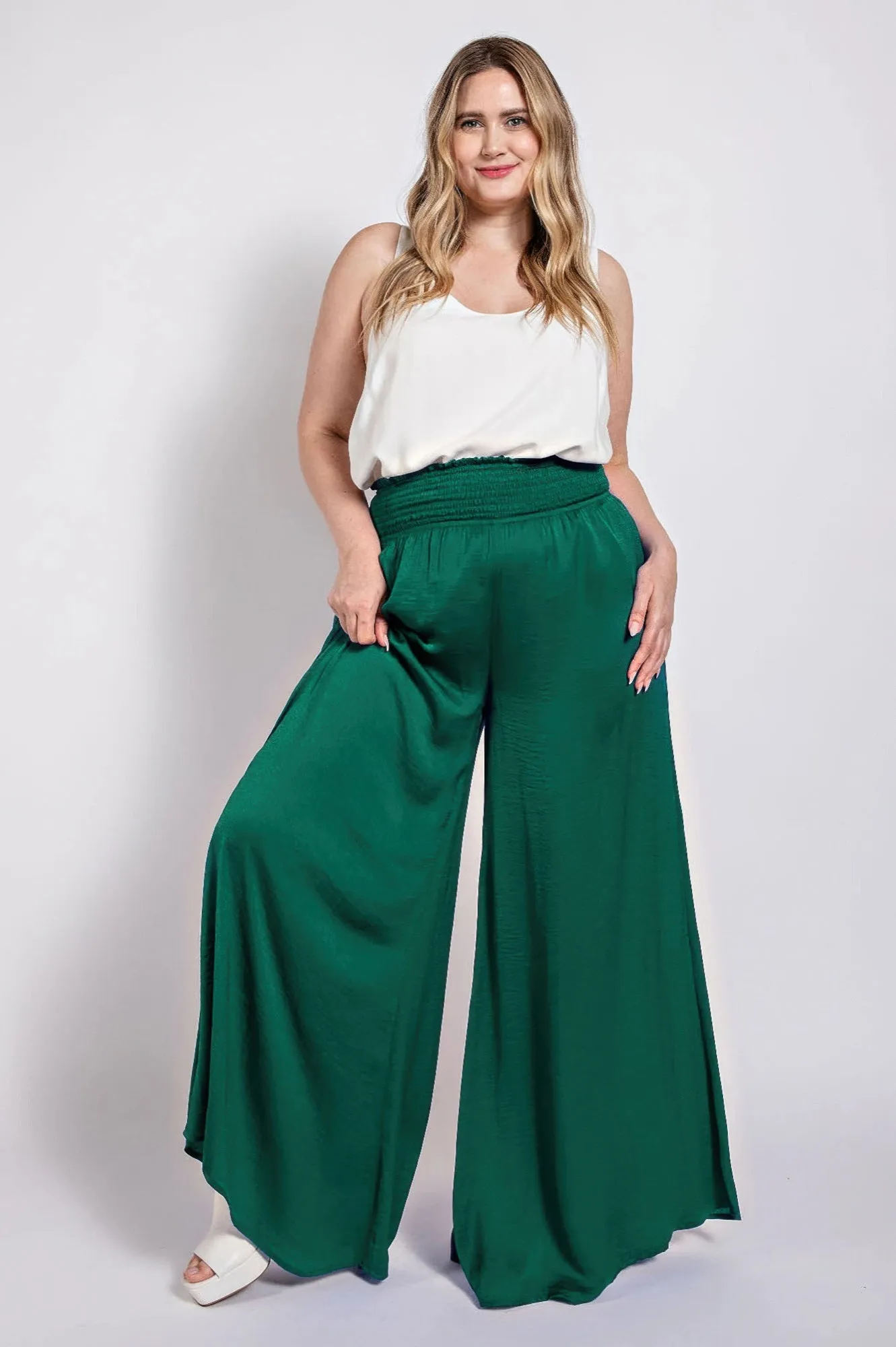 Washed Satin Wide Pants With Waist Smocked (Plus Size)