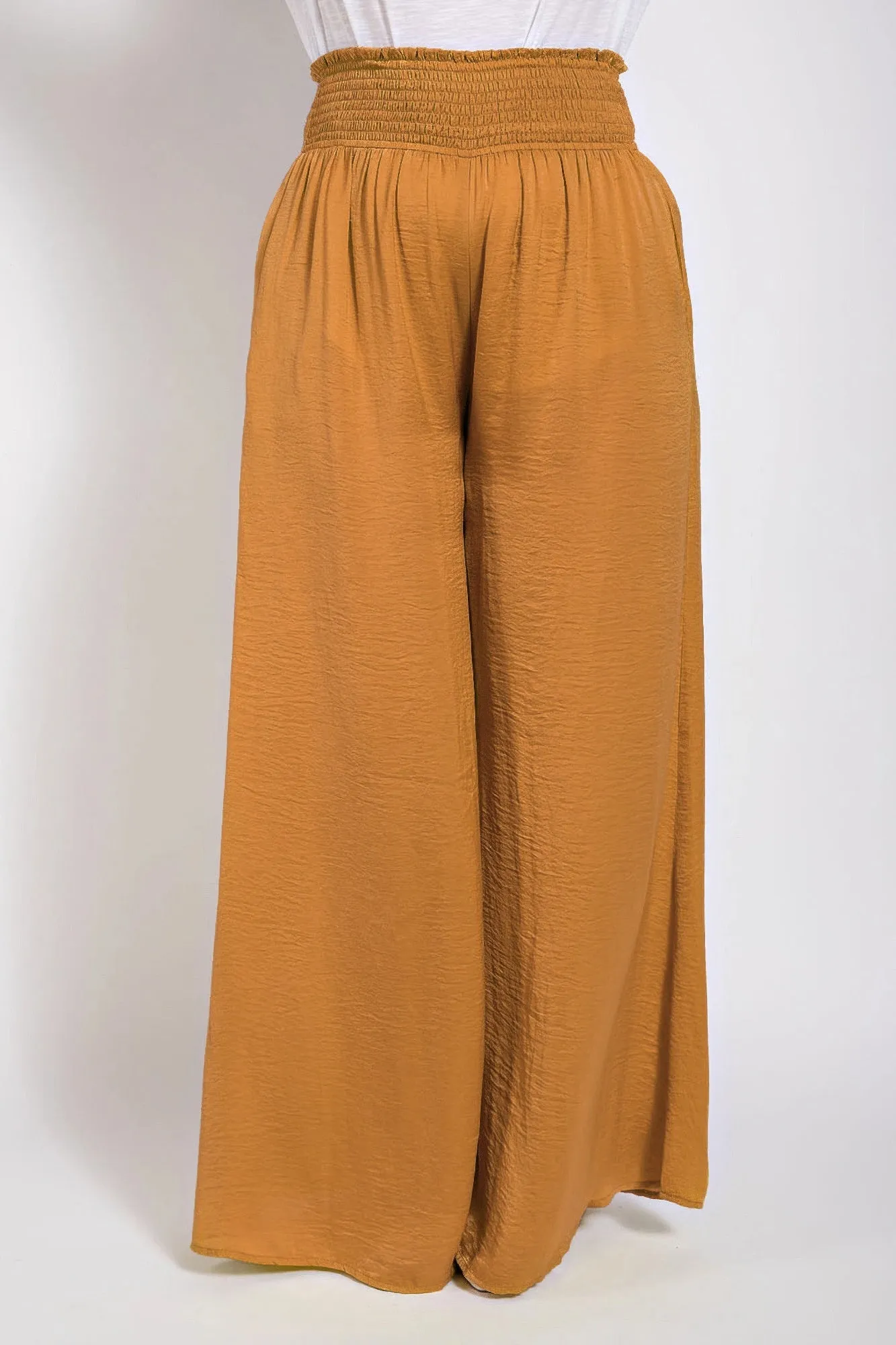 Washed Satin Wide Pants With Waist Smocked (Plus Size)