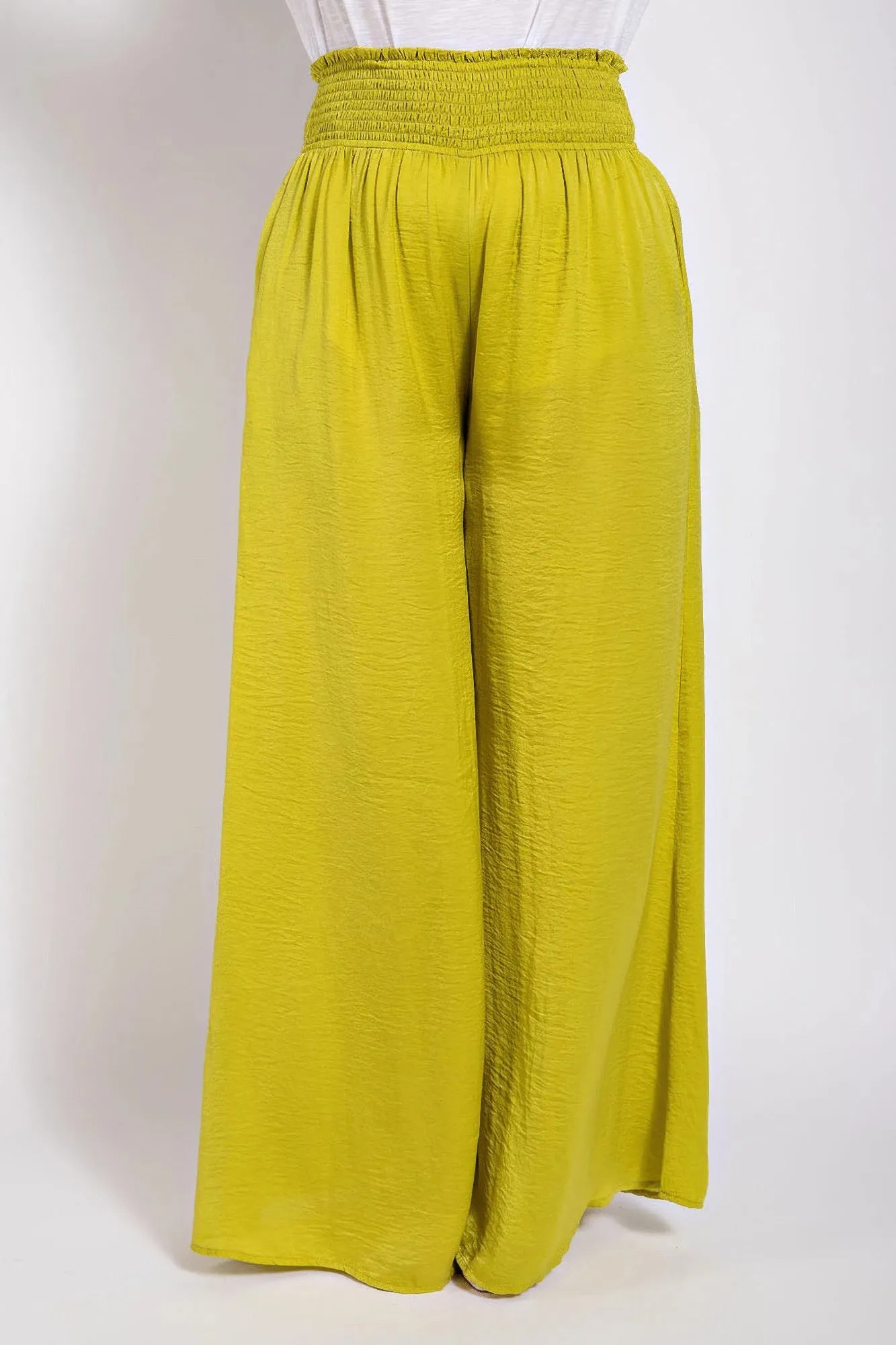 Washed Satin Wide Pants With Waist Smocked (Plus Size)