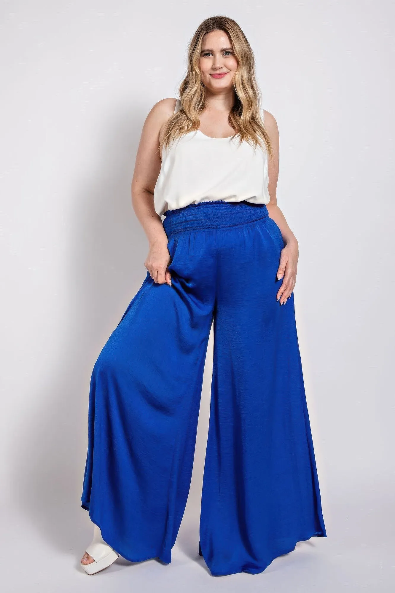 Washed Satin Wide Pants With Waist Smocked (Plus Size)