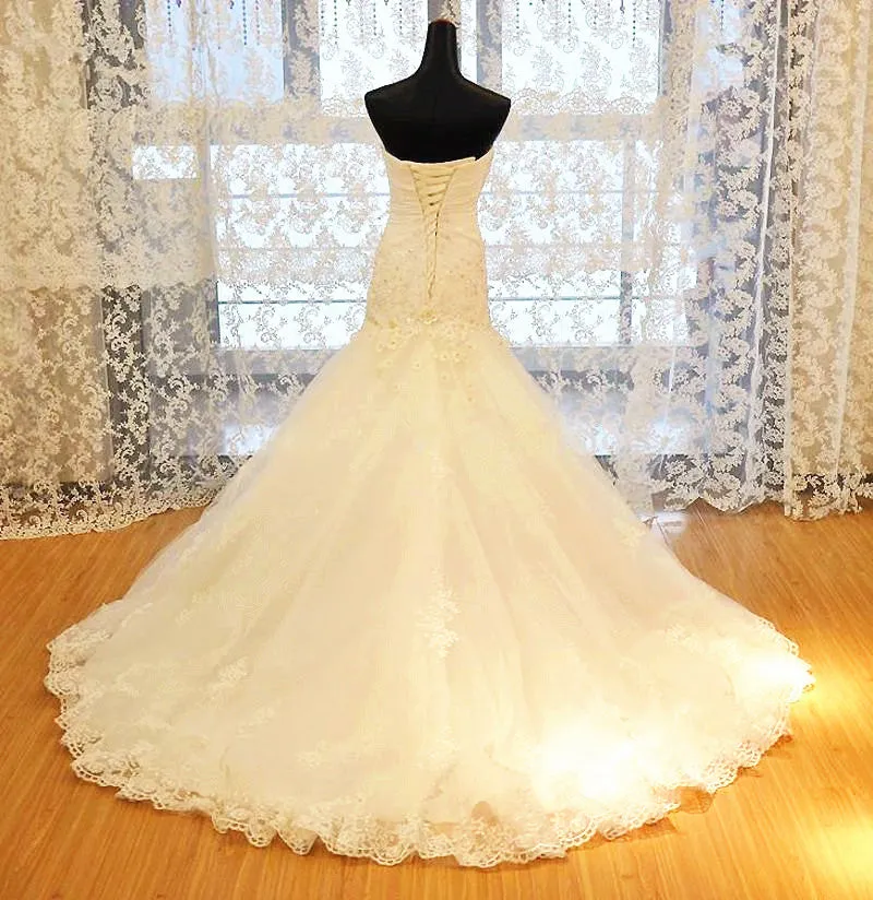 White Sweetheart Mermaid Wedding Dresses Applique Lace-Up Sexy  Bridal Gowns