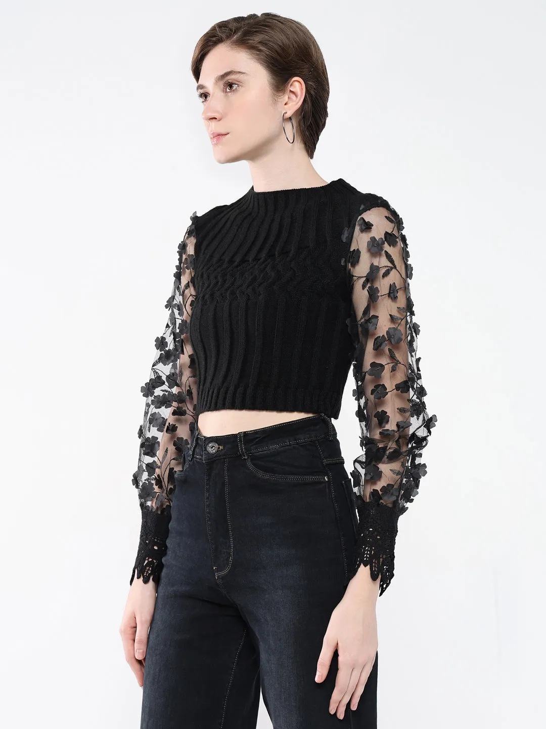 Women Black Self Design Round Neck Acrylic Top