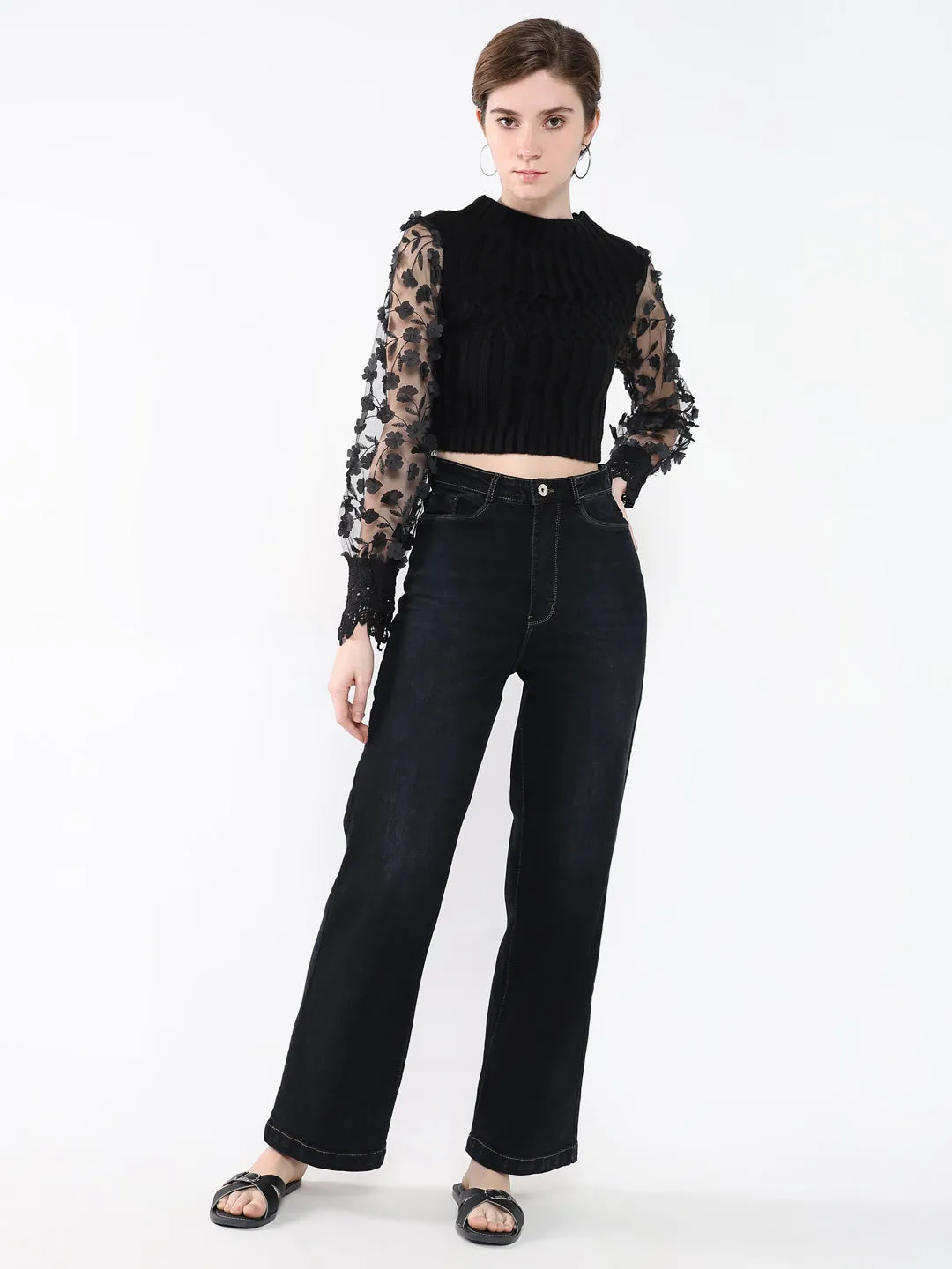 Women Black Self Design Round Neck Acrylic Top